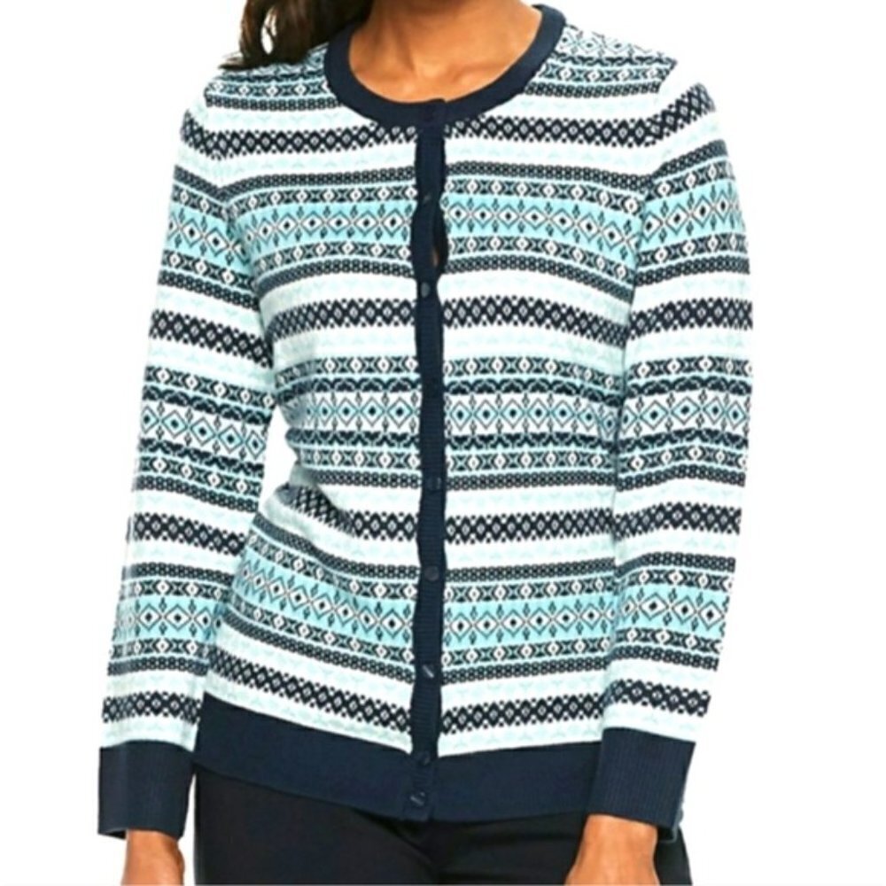 Croft & Barrow Navy White Fair Isle Long Sleeve Button Down Knit Cardigan NWOT